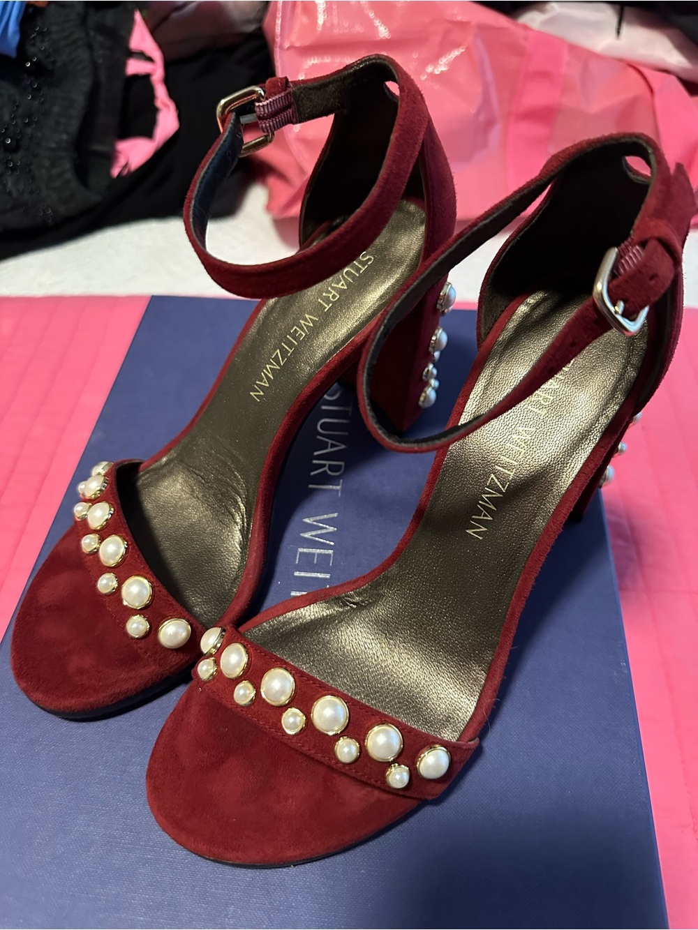 Stuart Weitzman Burgundy Pearl-Embellished Suede Ankle-Strap Sandals